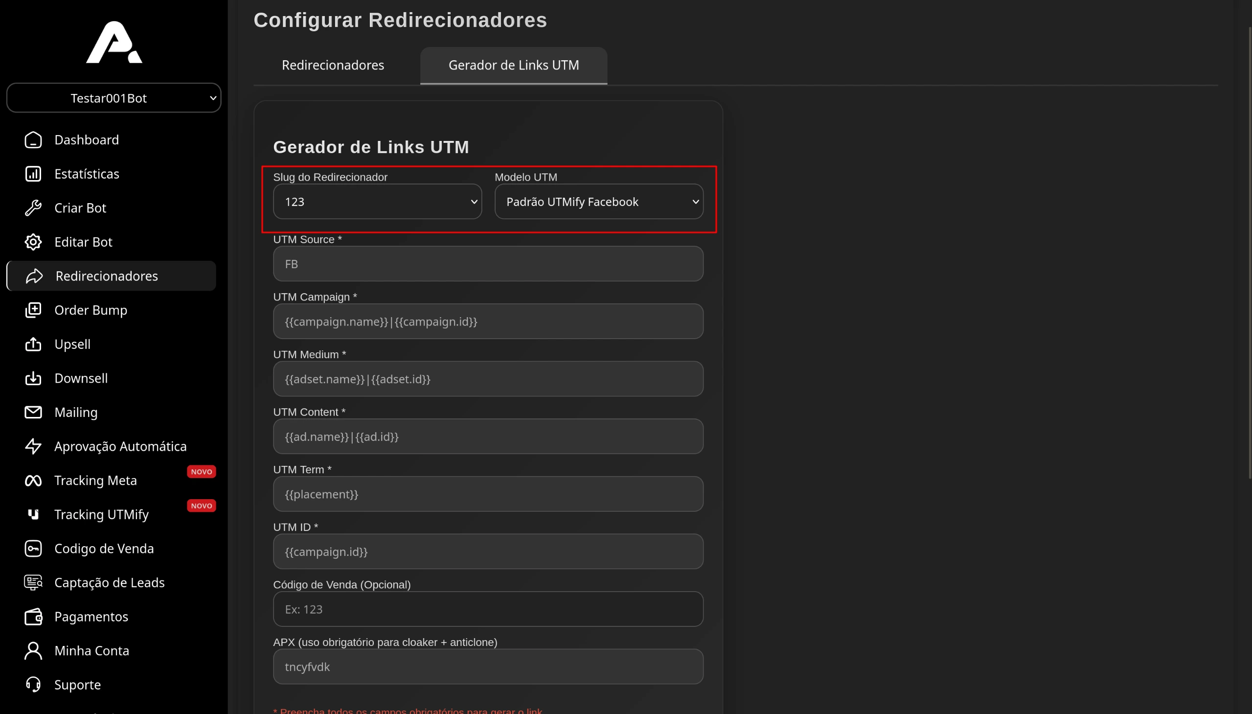 Gerador de UTMs para Meta Ads - ApexVips